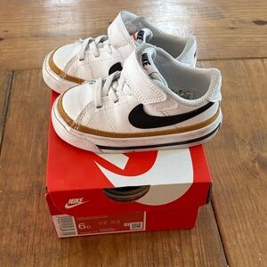 Nike Baby Court Legacy White and Gold Sneakers with Black Swoosh